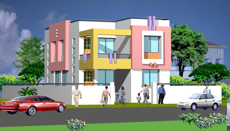 Design view of a colourful two-storey residence with a car in front