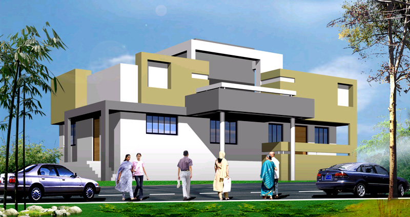 Design view of a modern residence with olive and grey walls