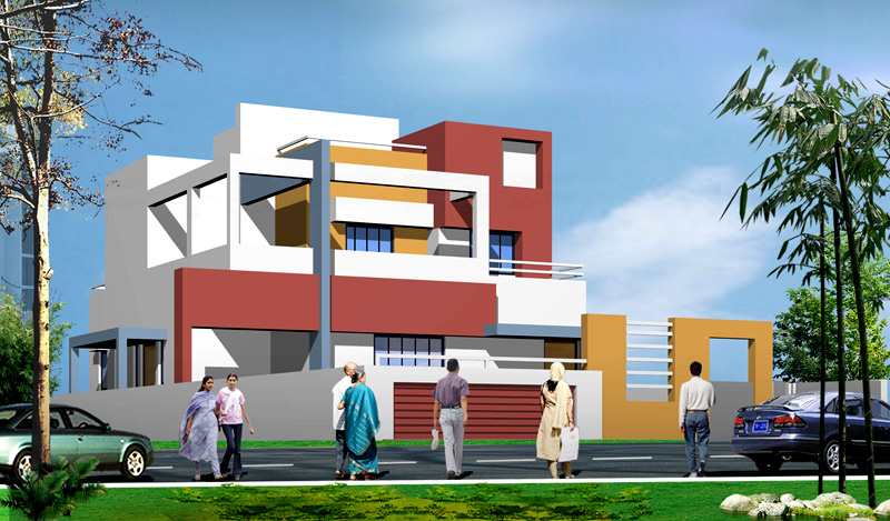 Design view of a modern two-storey residence with red and white walls