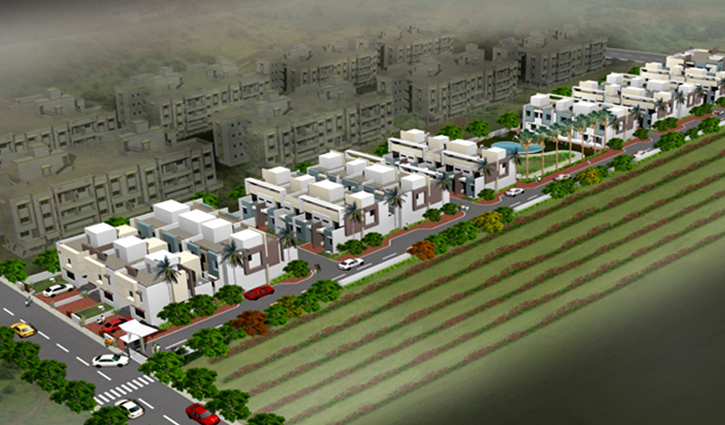 Aerial design view of the Sai Laxminagar township with rows of houses beside a road